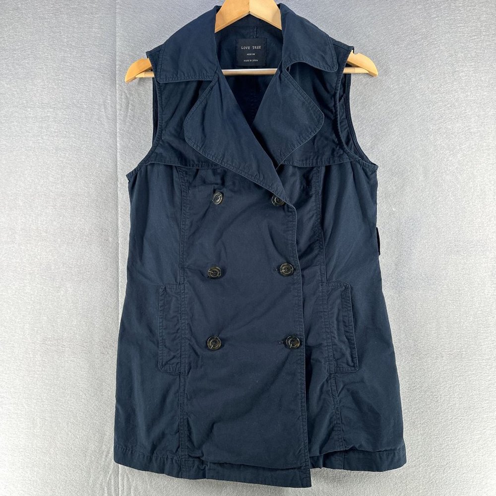 Love Tree Womens Sleeveless Trench Jacket M Blue Classic Pockets DoubleBreasted